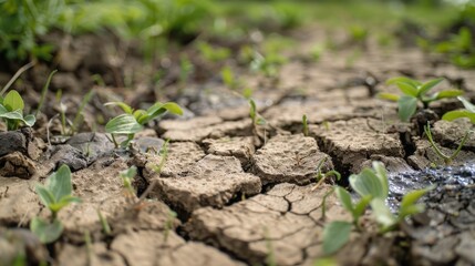 After a long drought, the arrival of rain rejuvenates the landscape, turning dry, cracked soil into lush, vibrant greenery.