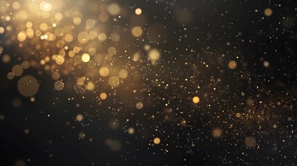 Dark brown background, digital signature with particles, sparkling waves, curtains and areas with deep depths. The particles are golden light lines.