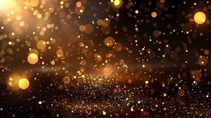 Fototapeta premium Dark brown background, digital signature with particles, sparkling waves, curtains and areas with deep depths. The particles are golden light lines.