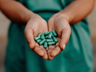Close-up of hands holding green capsules, emphasizing health, medication, and medical care, perfect for healthcare-related content.