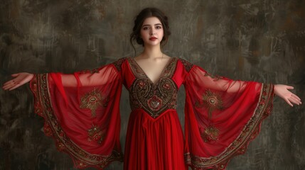 Naklejka premium Elegant woman in a flowing red dress with intricate embroidery, standing with arms outstretched against a textured background.