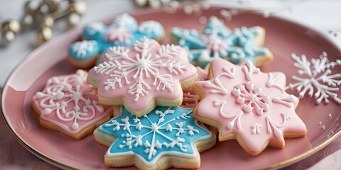 sugar cookies with frosting in snowflake shapes