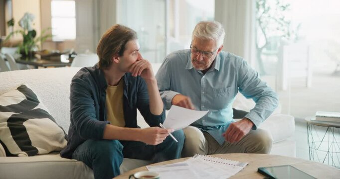 Homework, senior man and teaching college student on sofa with exam and learning. Thinking, reading and grandfather support with paperwork for mentor, education and school test with studying