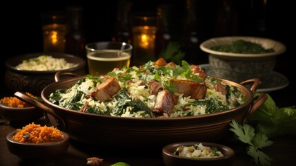 Obraz premium a pan of food with a variety of ingredients including meat and vegetables.