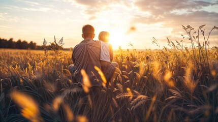 Father and child watching sunset in a wheat field.