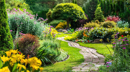 Obraz premium Tranquil garden with lush greenery and vibrant flowers blooming under soft sunlight, peaceful outdoor nature scenery