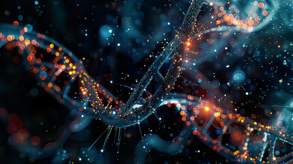 Obraz premium Abstract DNA technology concept science and medical theme futuristic background glowing strands of DNA digital network elements cinematic lighting ultra-realistic 
