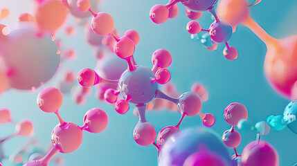 Abstract representation of molecular chemistry research featuring a detailed 3D molecule model in vibrant hues set against a serene pearl blue backdrop 