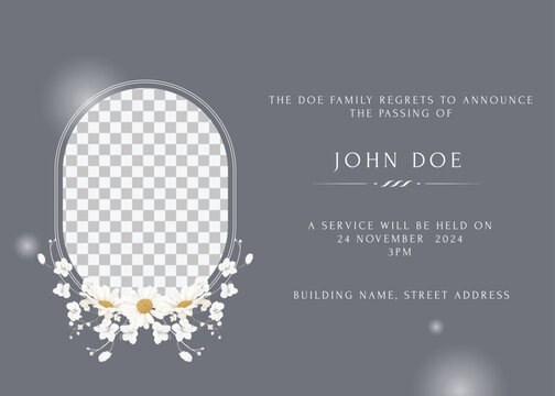 Floral funeral invitation template, minimalist white flowers and photo frame on grey background - Powered by Adobe
