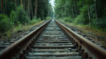 Fototapeta premium Train tracks disappearing into a lush green forest, concept of travel, journey, destination, nature.