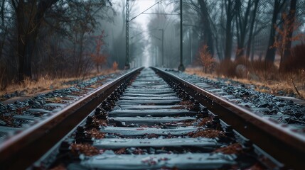 Fototapeta premium Empty railroad tracks disappearing into a misty forest, evoking mystery, journey, and adventure.