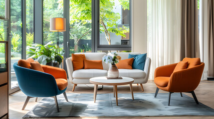 Fototapeta premium Modern living room with colorful furniture and large windows