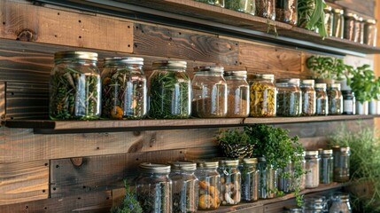 Naklejka premium Wooden shelves filled with jars of foraged herbs and es adding a touch of earthy flavor to the cooking.