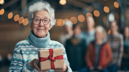 Fototapeta premium Elderly woman with glasses and a warm smile holding a gift, surrounded by friends with festive lights in the background.