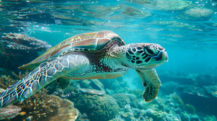 Fototapeta premium Majestic green sea turtle gliding effortlessly through the vibrant coral reef showcasing the beauty and diversity of the tropical underwater ecosystem
