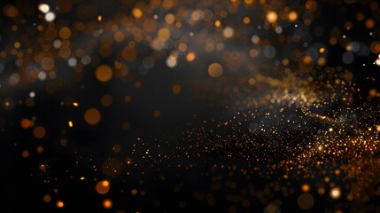 Dark brown background, digital signature with particles, sparkling waves, curtains and areas with deep depths. The particles are golden light lines.