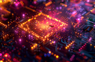 Fototapeta premium A computer circuit board with glowing lights.