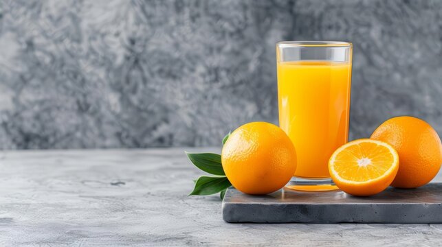 Fresh glass of orange juice with whole and sliced oranges on gray marble surface, perfect for health and breakfast themes.