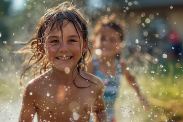 Obraz premium Close-up of kids running through a sprinkler on the front lawn at home Water droplets glisten in the sunlight as the children laugh and play in the refreshing spray The green grass and the cozy home