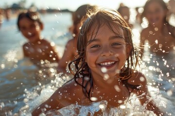 Obraz premium Close-up of children playing and splashing in the water at the beach Their laughter and excitement are captured as the water sparkles in the sunlight The natural beauty of the ocean and the carefree