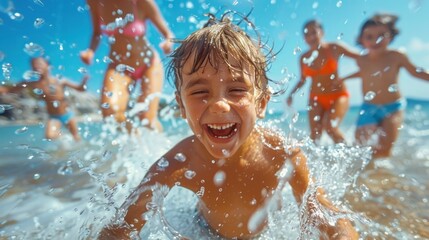 Close-up shot of a lively family enjoying a day at the sea beach, with two kids and their parents running through a water splash. The children's excitement is palpable as they giggle and splash