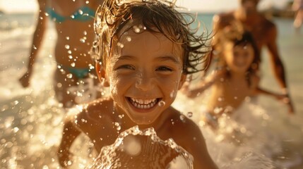 Obraz premium A heartwarming close-up of two kids and their parents running through a water splash on a sea beach. The children, drenched and delighted, are caught in mid-sprint, their faces lit up with laughter.