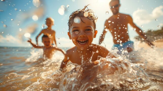 An enchanting close-up of a family having fun at the sea beach, with two kids and their parents running through a playful water splash. The children's faces are filled with delight as they dash
