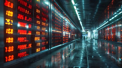 Fototapeta premium Focused view of an empty stock ticker display, dark and desolate, 3D illustration, photorealistic