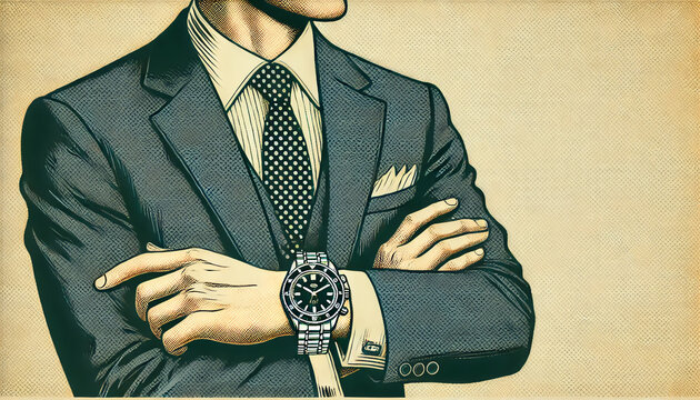 Vintage 1960s-style watch advertisement with businessman wearing luxury watch