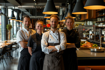 Netherlands professional service staff, salesperson and cook in modern restaurant.