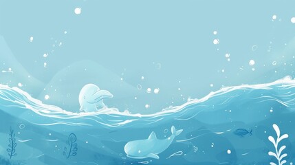 Fototapeta premium Tranquil Ocean Oasis - Minimalist Seascape with Playful Doodles on Blue Background