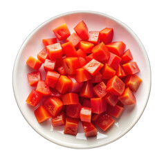 Chopped tomatoes cubes on white plate isolated on transparent background