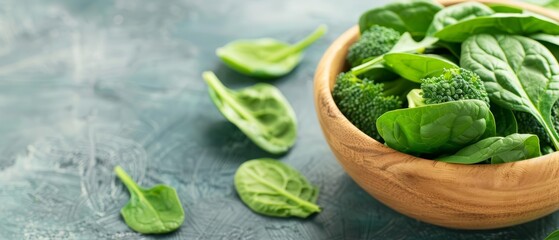 Obraz premium Fresh spinach and broccoli in a wooden bowl on a gray background. Healthy green vegetables for a nutritious diet.
