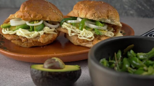 Cemitas traditional food Sandwich from puebla, Zoom back shot