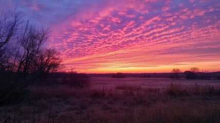 Obraz premium As the first light of dawn breaks the horizon, the sky transforms into a canvas of pinks, oranges, and purples, signaling the beginning of a new day.