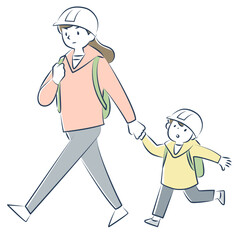 手をつないで避難する母親と男の子