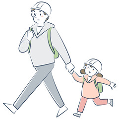 手をつないで避難する父親と女の子