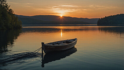 Fototapeta premium An image of a serene lake at dusk, with a lone boat drifting in the distance 