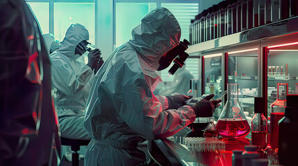 Scientists in protective coveralls secure laboratory conducting research chemist using pincers to adjust samples in a petri dish high-tech environment super resolution 