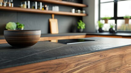 Fototapeta premium Sleek Elegance: Close-Up of a Modern Black Kitchen with Natural Wood Accents