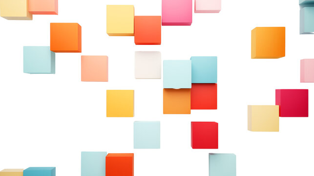 Vibrant pasteboard squares in different sizes and colors randomly placed on transparent background
