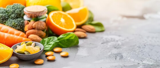 Healthy food selection with fruits, vegetables, nuts, and vitamins on a gray background. Concept of balanced diet and natural nutrition.