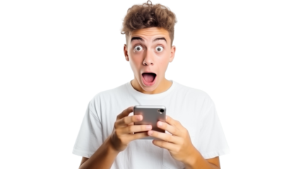 Teenager holding a smartphone and looking surprised isolated on transparent background