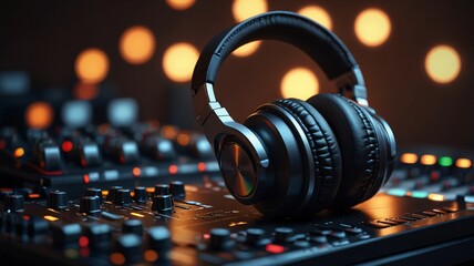 Black headphones resting on a professional audio mixing console, illuminated by warm ambient lights in a studio setting.