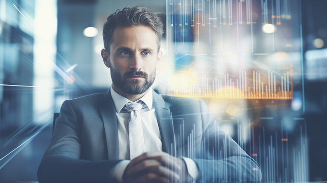 Businessman overlaid with financial charts and graphs