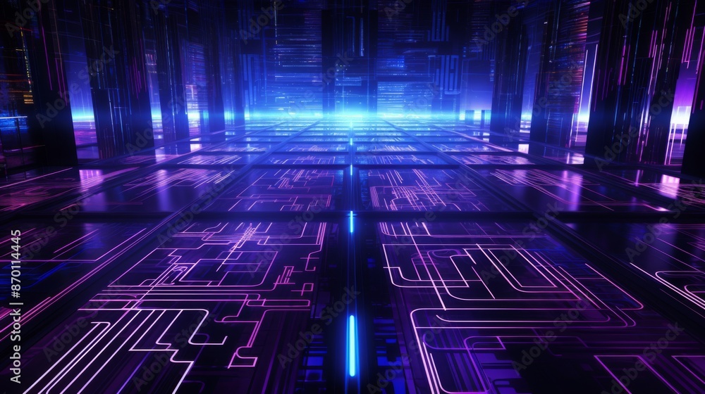 Poster glowing neon circuitry on dark background - futuristic high-tech design with neon pathways
