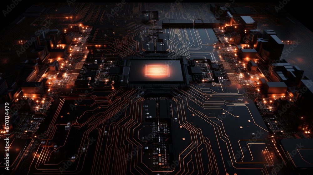 Aufkleber illuminated cyber tech board with advanced pathways in dark theme