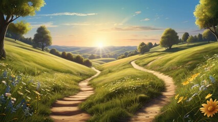 Serene Summer Landscape with Rolling Hills and a Setting Sun