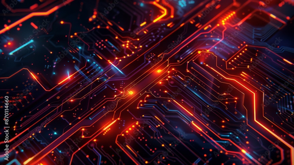 Poster glowing futuristic circuit pattern on dark background - high-tech digital art concept