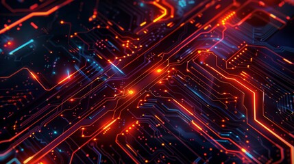 Fototapeta premium Glowing Futuristic Circuit Pattern on Dark Background - High-Tech Digital Art Concept